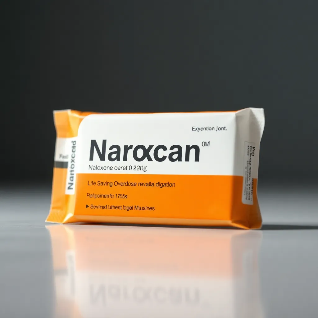A close-up of naloxone (Narcan) packaging, a life-saving overdose reversal medication